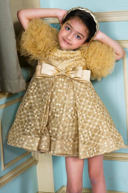 Hoity Moppet Gold Tulle Lace Star Embellished Dress at Aza Fashions Hoity Moppet_Gold Tulle Lace Star Embellished Dress _at_Aza_Fashions