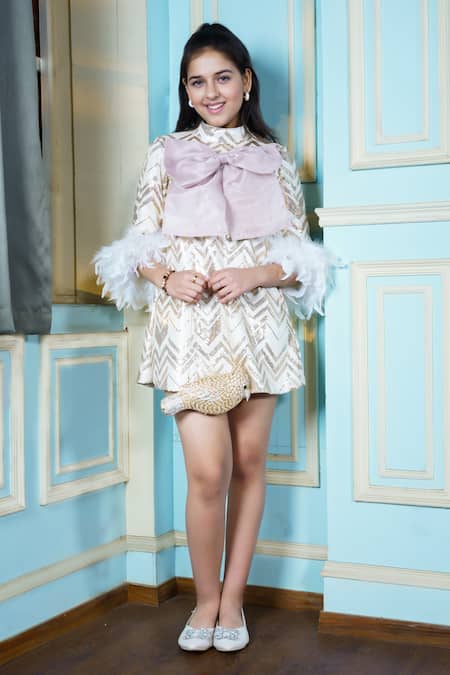 Hoity Moppet Gold Organza Sequins, Feathers Chevron Embroidered Dress at Aza Fashions Hoity Moppet_Gold Organza Sequins, Feathers Chevron Embroidered Dress _at_Aza_Fashions