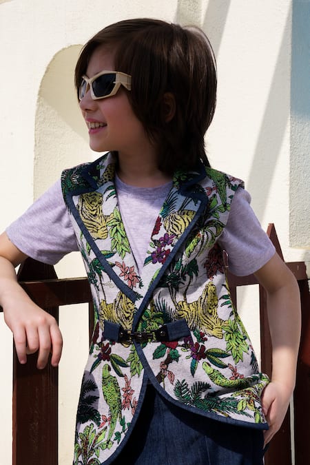 Buy Hoity Moppet Multi Color Jacquard Embroidery Jungle Safari Woven Waistcoat And Capri Pant Set Online at Aza Fashions Buy_Hoity Moppet_Multi Color Jacquard Embroidery Jungle Safari Woven Waistcoat And Capri Pant Set _Online_at_Aza_Fashions