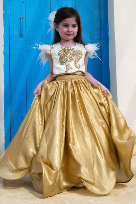 Hoity Moppet_White Organza Crystals, Feathers Live Life Embroidered Crop Top And Lehenga Set _Online_at_Aza_Fashions