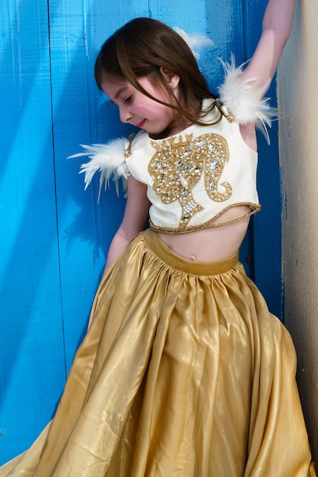 Shop_Hoity Moppet_White Organza Crystals, Feathers Live Life Embroidered Crop Top And Lehenga Set _Online_at_Aza_Fashions