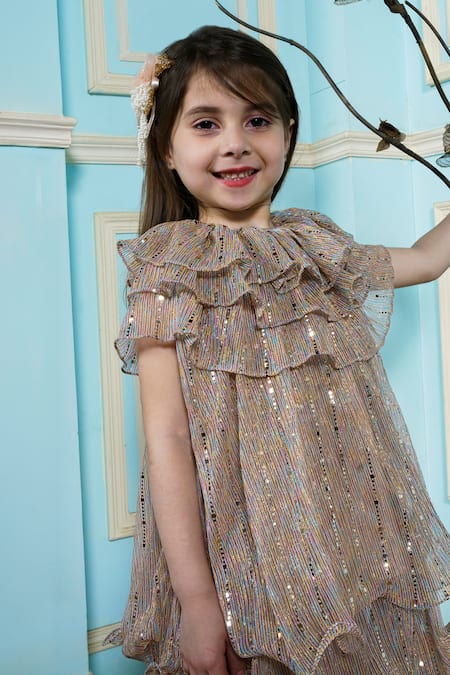 Shop Hoity Moppet Gold Silk Sequins Mystery Embroidered Ruffle Dress at Aza Fashions Shop_Hoity Moppet_Gold Silk Sequins Mystery Embroidered Ruffle Dress _at_Aza_Fashions
