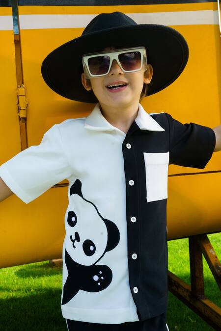 Shop_Hoity Moppet_Black Crepe Embroidery Panda Print Shirt And Shorts Set _Online_at_Aza_Fashions