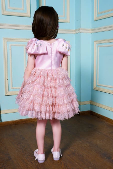 Shop Hoity Moppet Pink Satin Embroidery, Beads Floral Lace Embellished Dress at Aza Fashions Shop_Hoity Moppet_Pink Satin Embroidery, Beads Floral Lace Embellished Dress _at_Aza_Fashions