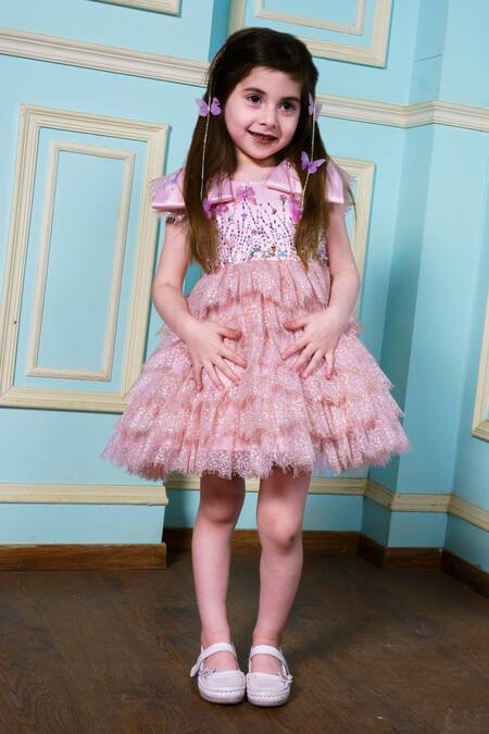 Hoity Moppet Pink Satin Embroidery, Beads Floral Lace Embellished Dress Online at Aza Fashions Hoity Moppet_Pink Satin Embroidery, Beads Floral Lace Embellished Dress _Online_at_Aza_Fashions