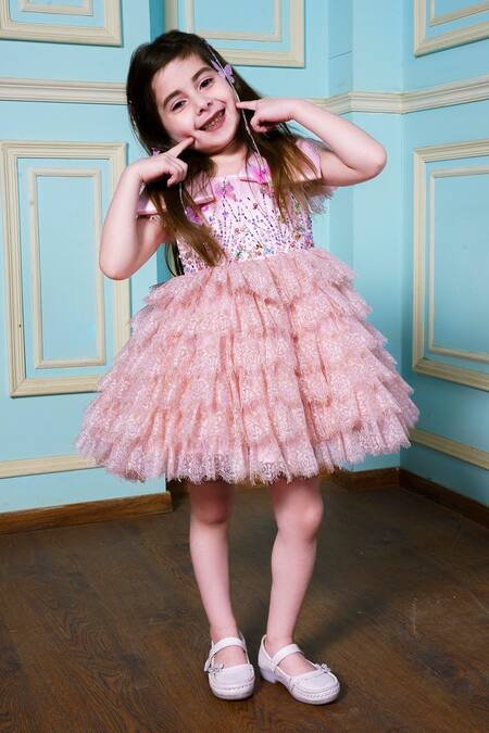 Shop Hoity Moppet Pink Satin Embroidery, Beads Floral Lace Embellished Dress Online at Aza Fashions Shop_Hoity Moppet_Pink Satin Embroidery, Beads Floral Lace Embellished Dress _Online_at_Aza_Fashions