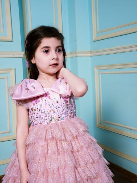 Hoity Moppet Pink Satin Embroidery, Beads Floral Lace Embellished Dress at Aza Fashions Hoity Moppet_Pink Satin Embroidery, Beads Floral Lace Embellished Dress _at_Aza_Fashions