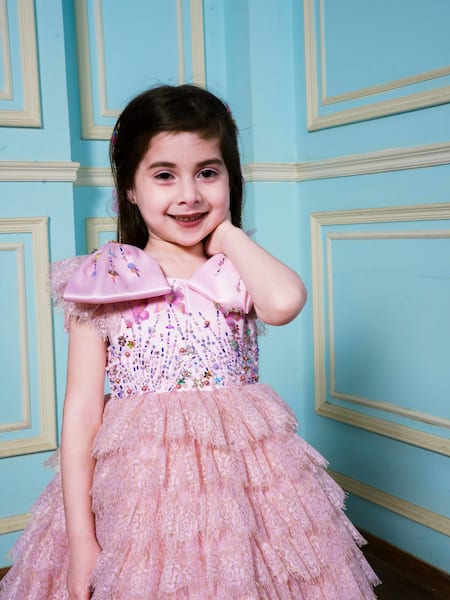 Buy Hoity Moppet Pink Satin Embroidery, Beads Floral Lace Embellished Dress Buy_Hoity Moppet_Pink Satin Embroidery, Beads Floral Lace Embellished Dress