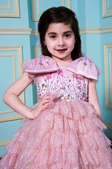 Shop Hoity Moppet Pink Satin Embroidery, Beads Floral Lace Embellished Dress Shop_Hoity Moppet_Pink Satin Embroidery, Beads Floral Lace Embellished Dress