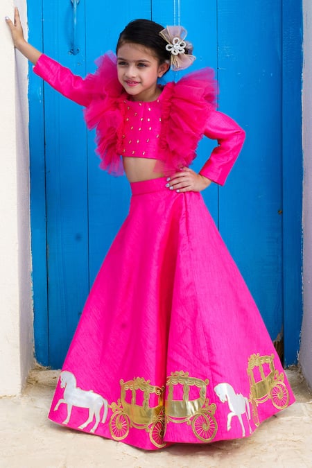 Shop Hoity Moppet Pink Silk Sequins, Embroidery Ghoda Ghadi Patchwork Skirt And Blouse Set at Aza Fashions Shop_Hoity Moppet_Pink Silk Sequins, Embroidery Ghoda Ghadi Patchwork Skirt And Blouse Set _at_Aza_Fashions