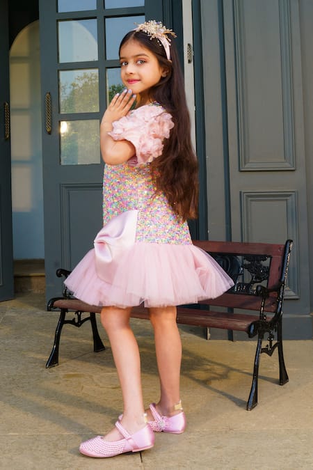 Shop Hoity Moppet Pink Satin Sequins Glow Embroidered Dress at Aza Fashions Shop_Hoity Moppet_Pink Satin Sequins Glow Embroidered Dress _at_Aza_Fashions