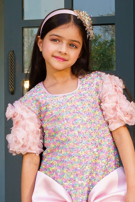 Shop Hoity Moppet Pink Satin Sequins Glow Embroidered Dress Online at Aza Fashions Shop_Hoity Moppet_Pink Satin Sequins Glow Embroidered Dress _Online_at_Aza_Fashions