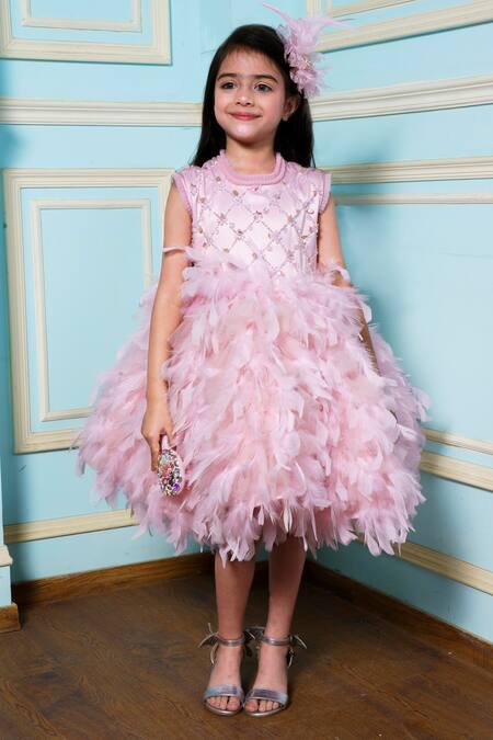 Hoity Moppet Pink Satin Sequins, Feathers Crystal Embroidered Dress Online at Aza Fashions Hoity Moppet_Pink Satin Sequins, Feathers Crystal Embroidered Dress _Online_at_Aza_Fashions