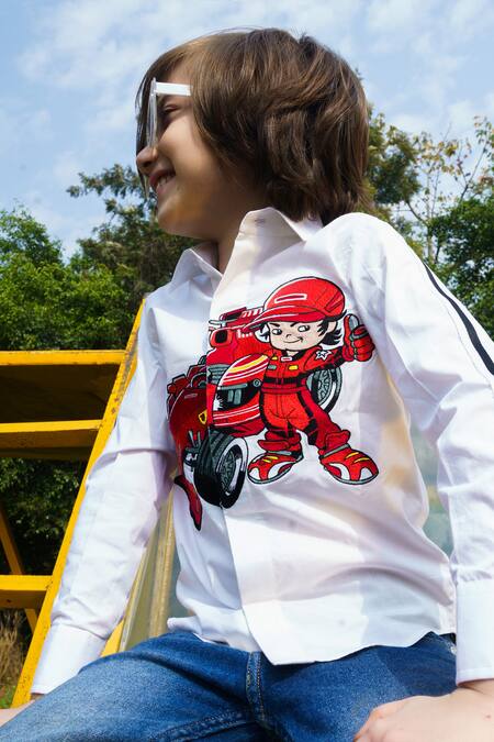 Hoity Moppet White Cotton Embroidery Racing Wheels Shirt Online at Aza Fashions Hoity Moppet_White Cotton Embroidery Racing Wheels Shirt_Online_at_Aza_Fashions