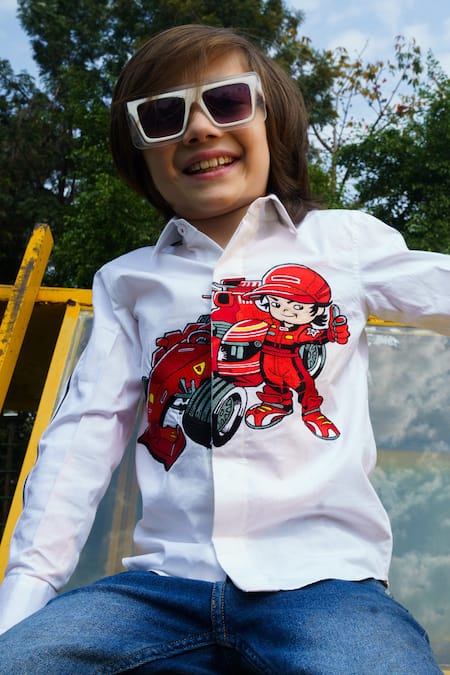 Buy Hoity Moppet White Cotton Embroidery Racing Wheels Shirt Online at Aza Fashions Buy_Hoity Moppet_White Cotton Embroidery Racing Wheels Shirt_Online_at_Aza_Fashions