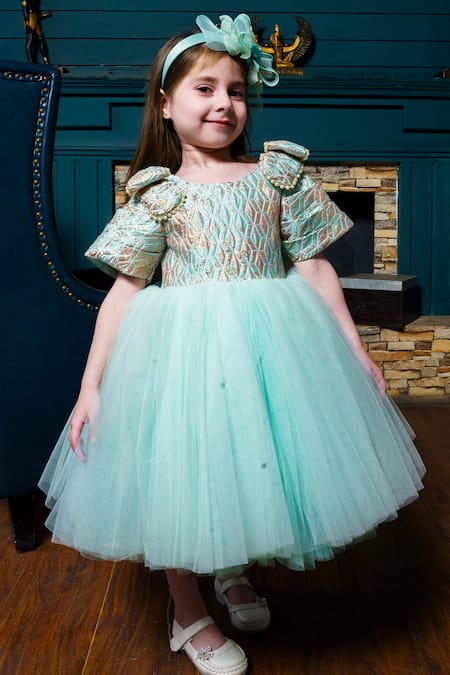 Shop Hoity Moppet Green Tulle, Jacquard Pearls Siren Of Sea Geometric Woven Dress at Aza Fashions Shop_Hoity Moppet_Green Tulle, Jacquard Pearls Siren Of Sea Geometric Woven Dress _at_Aza_Fashions
