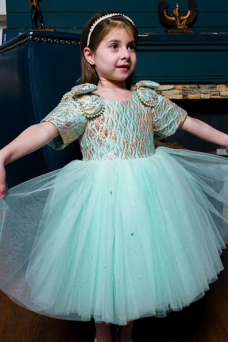 Hoity Moppet Green Tulle, Jacquard Pearls Siren Of Sea Geometric Woven Dress Online at Aza Fashions Hoity Moppet_Green Tulle, Jacquard Pearls Siren Of Sea Geometric Woven Dress _Online_at_Aza_Fashions
