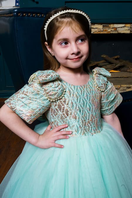 Buy Hoity Moppet Green Tulle, Jacquard Pearls Siren Of Sea Geometric Woven Dress Online at Aza Fashions Buy_Hoity Moppet_Green Tulle, Jacquard Pearls Siren Of Sea Geometric Woven Dress _Online_at_Aza_Fashions