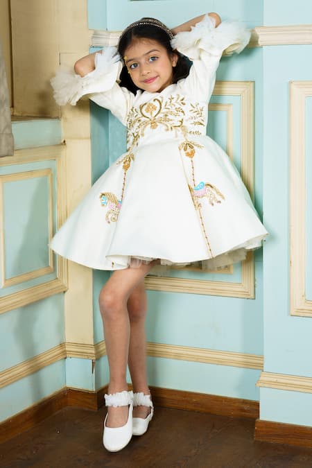 Hoity Moppet White Satin Sequins, Beads So Pretty Floral Embroidered Dress Online at Aza Fashions Hoity Moppet_White Satin Sequins, Beads So Pretty Floral Embroidered Dress _Online_at_Aza_Fashions