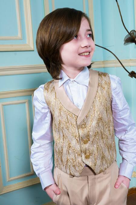 Shop Hoity Moppet Beige Crepe Embroidery Stripe Woven Waistcoat Pant Set Online at Aza Fashions Shop_Hoity Moppet_Beige Crepe Embroidery Stripe Woven Waistcoat Pant Set _Online_at_Aza_Fashions