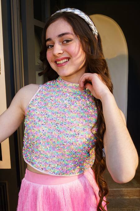Hoity Moppet Pink Silk Sequins, Tassels Sugar Rush Embroidered Crop Top And Skirt Set at Aza Fashions Hoity Moppet_Pink Silk Sequins, Tassels Sugar Rush Embroidered Crop Top And Skirt Set _at_Aza_Fashions