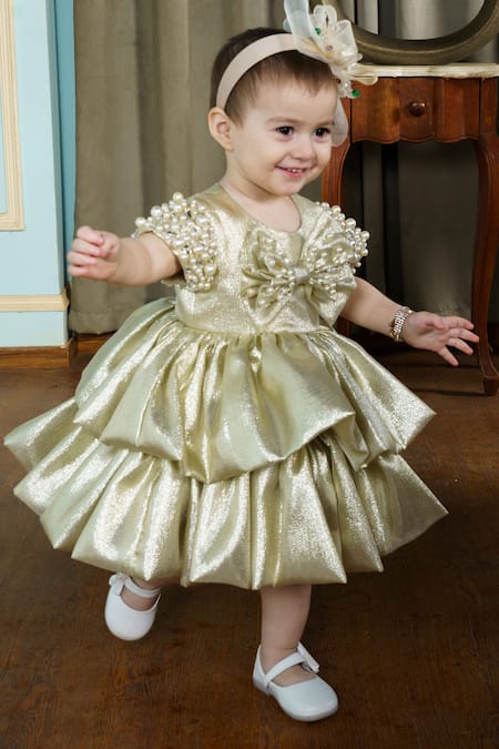 Shop Hoity Moppet Gold Organza Pearls, Stones Tiny Dancer Embroidered Dress at Aza Fashions Shop_Hoity Moppet_Gold Organza Pearls, Stones Tiny Dancer Embroidered Dress _at_Aza_Fashions