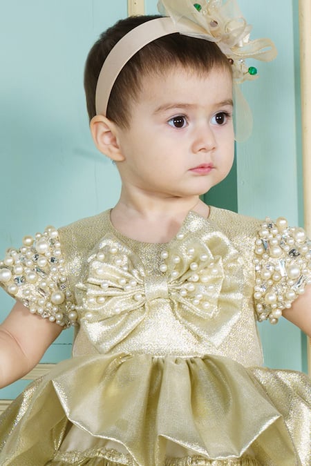 Hoity Moppet Gold Organza Pearls, Stones Tiny Dancer Embroidered Dress Online at Aza Fashions Hoity Moppet_Gold Organza Pearls, Stones Tiny Dancer Embroidered Dress _Online_at_Aza_Fashions