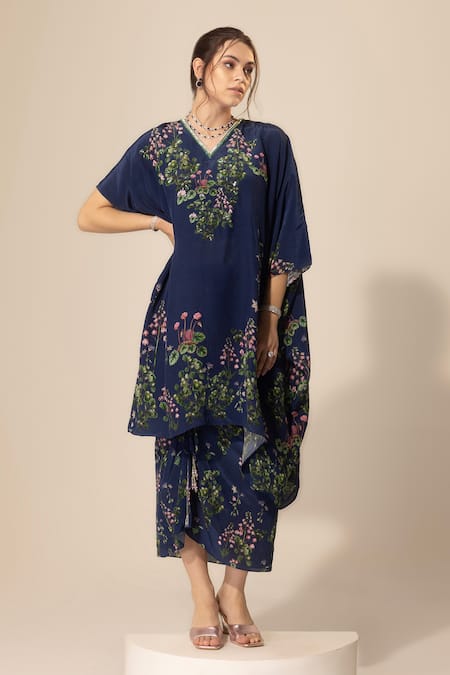 Sakshi Girri Blue Crepe Printed Botanical V Neck Pattern Kaftan And Skirt Set 