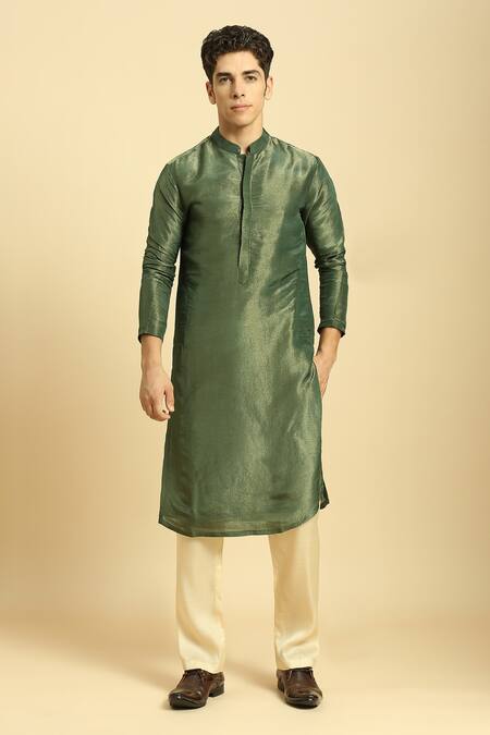 Masumi Mewawalla_Green Silk, Tissue Kurta Set With Color Block Dupatta _at_Aza_Fashions
