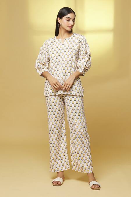 Kalakaari By Sagarika White Cotton Embroidery Button-down Neck Floral Print Top And Pant Set Online at Aza Fashions Kalakaari By Sagarika_White Cotton Embroidery Button-down Neck Floral Print Top And Pant Set _Online_at_Aza_Fashions