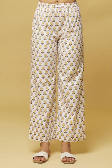 Shop Kalakaari By Sagarika White Cotton Embroidery Button-down Neck Floral Print Top And Pant Set Online at Aza Fashions Shop_Kalakaari By Sagarika_White Cotton Embroidery Button-down Neck Floral Print Top And Pant Set _Online_at_Aza_Fashions