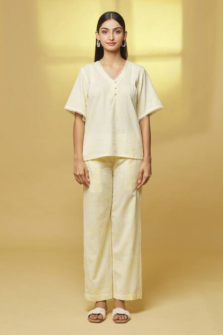 Kalakaari By Sagarika_White Cotton Lace V-neck Stripe Print Top And Pant Set _at_Aza_Fashions