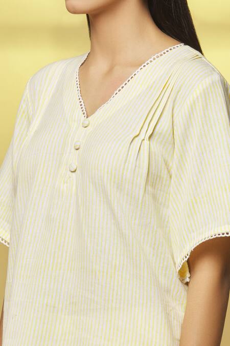 Buy_Kalakaari By Sagarika_White Cotton Lace V-neck Stripe Print Top And Pant Set _Online_at_Aza_Fashions