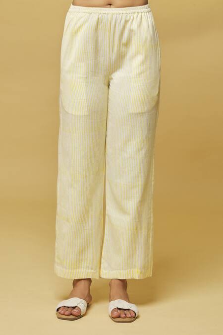 Shop_Kalakaari By Sagarika_White Cotton Lace V-neck Stripe Print Top And Pant Set _Online_at_Aza_Fashions