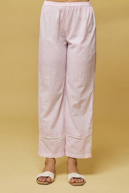 Shop Kalakaari By Sagarika White Cotton Lace Split V-neck Stripe Handblock Print Top And Pant Set Online at Aza Fashions Shop_Kalakaari By Sagarika_White Cotton Lace Split V-neck Stripe Handblock Print Top And Pant Set _Online_at_Aza_Fashions