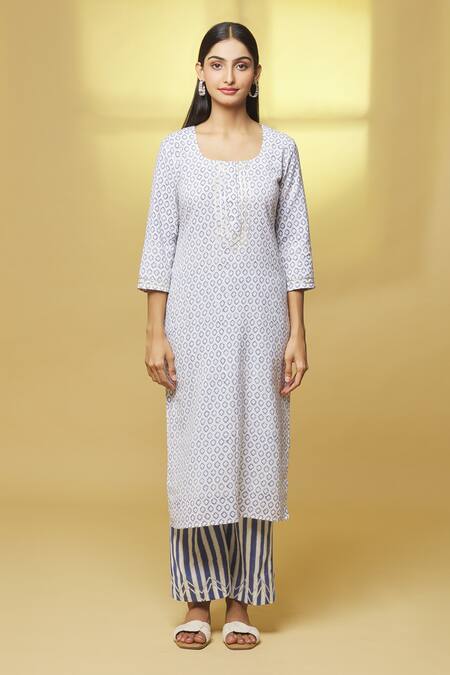 Kalakaari By Sagarika White Cotton, Kota Doria Embroidery Round Neck Floral Print Straight Kurta Set at Aza Fashions Kalakaari By Sagarika_White Cotton, Kota Doria Embroidery Round Neck Floral Print Straight Kurta Set _at_Aza_Fashions