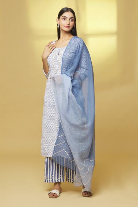 Shop Kalakaari By Sagarika White Cotton, Kota Doria Embroidery Round Neck Floral Print Straight Kurta Set Online at Aza Fashions Shop_Kalakaari By Sagarika_White Cotton, Kota Doria Embroidery Round Neck Floral Print Straight Kurta Set _Online_at_Aza_Fashions