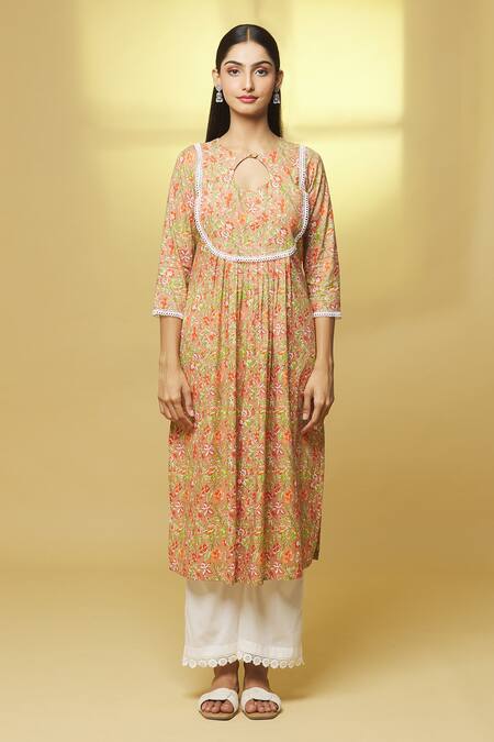 Kalakaari By Sagarika Peach Cotton Lace Round Neck Straight Printed Kurta And Pant Set Online at Aza Fashions Kalakaari By Sagarika_Peach Cotton Lace Round Neck Straight Printed Kurta And Pant Set _Online_at_Aza_Fashions