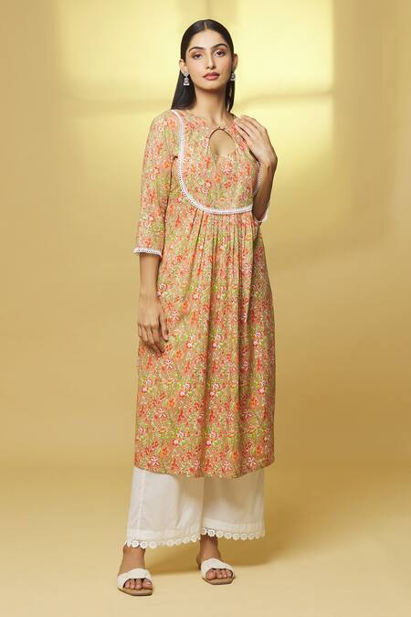 Buy Kalakaari By Sagarika Peach Cotton Lace Round Neck Straight Printed Kurta And Pant Set Online at Aza Fashions Buy_Kalakaari By Sagarika_Peach Cotton Lace Round Neck Straight Printed Kurta And Pant Set _Online_at_Aza_Fashions