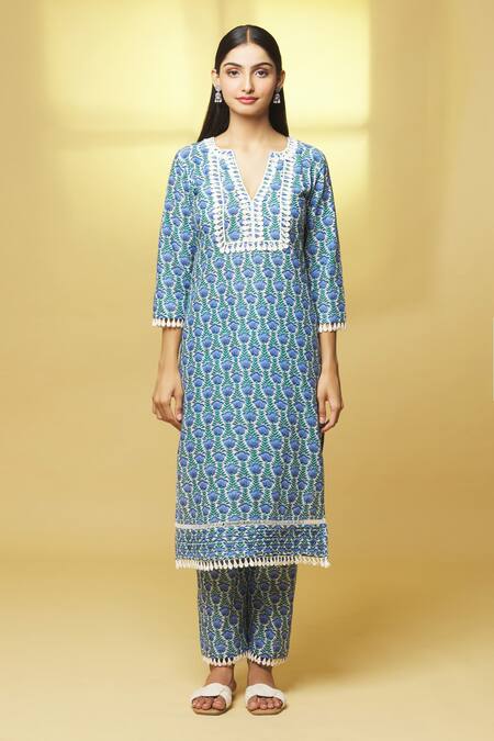 Kalakaari By Sagarika Blue Cotton Lace Split V-neck Tulip Bloom Print Kurta With Pant Online at Aza Fashions Kalakaari By Sagarika_Blue Cotton Lace Split V-neck Tulip Bloom Print Kurta With Pant _Online_at_Aza_Fashions