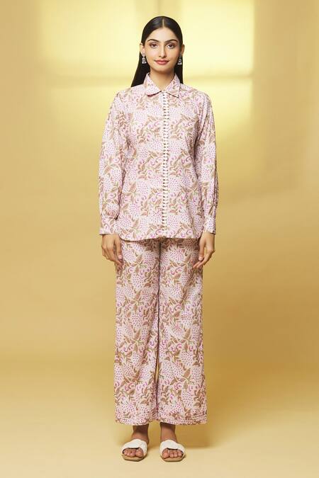Kalakaari By Sagarika Pink Cotton Lace Collared Floral Bloom Print Tunic With Pant at Aza Fashions Kalakaari By Sagarika_Pink Cotton Lace Collared Floral Bloom Print Tunic With Pant _at_Aza_Fashions