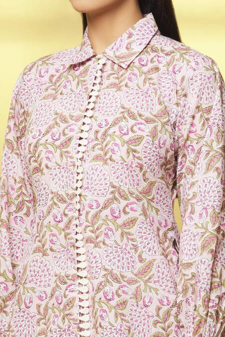 Buy Kalakaari By Sagarika Pink Cotton Lace Collared Floral Bloom Print Tunic With Pant Online at Aza Fashions Buy_Kalakaari By Sagarika_Pink Cotton Lace Collared Floral Bloom Print Tunic With Pant _Online_at_Aza_Fashions
