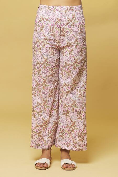 Shop Kalakaari By Sagarika Pink Cotton Lace Collared Floral Bloom Print Tunic With Pant Online at Aza Fashions Shop_Kalakaari By Sagarika_Pink Cotton Lace Collared Floral Bloom Print Tunic With Pant _Online_at_Aza_Fashions