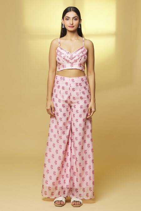 Buy Kalakaari By Sagarika Pink Organza, Chanderi Embroidery, Mirrors Shrug Flower Print Palazzo Set Buy_Kalakaari By Sagarika_Pink Organza, Chanderi Embroidery, Mirrors Shrug Flower Print Palazzo Set