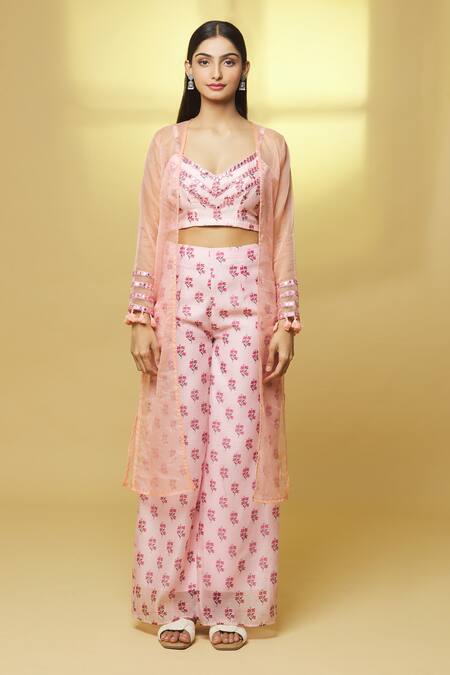 Buy Kalakaari By Sagarika Pink Organza, Chanderi Embroidery, Mirrors Shrug Flower Print Palazzo Set Online at Aza Fashions Buy_Kalakaari By Sagarika_Pink Organza, Chanderi Embroidery, Mirrors Shrug Flower Print Palazzo Set _Online_at_Aza_Fashions