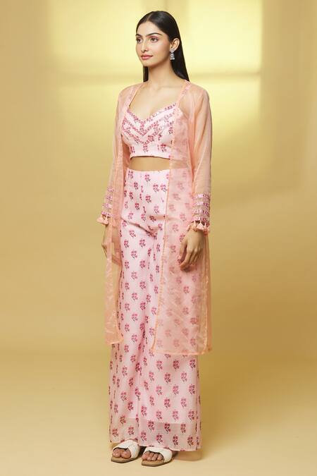 Shop Kalakaari By Sagarika Pink Organza, Chanderi Embroidery, Mirrors Shrug Flower Print Palazzo Set Online at Aza Fashions Shop_Kalakaari By Sagarika_Pink Organza, Chanderi Embroidery, Mirrors Shrug Flower Print Palazzo Set _Online_at_Aza_Fashions