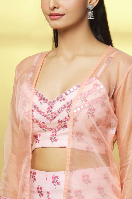 Kalakaari By Sagarika Pink Organza, Chanderi Embroidery, Mirrors Shrug Flower Print Palazzo Set at Aza Fashions Kalakaari By Sagarika_Pink Organza, Chanderi Embroidery, Mirrors Shrug Flower Print Palazzo Set _at_Aza_Fashions