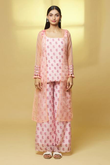 Kalakaari By Sagarika Pink Chanderi, Organza Tassels, Mirrors Scoop Floral Print Kurta And Palazzo Set Online at Aza Fashions Kalakaari By Sagarika_Pink Chanderi, Organza Tassels, Mirrors Scoop Floral Print Kurta And Palazzo Set _Online_at_Aza_Fashions