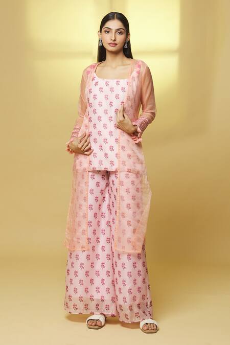 Buy Kalakaari By Sagarika Pink Chanderi, Organza Tassels, Mirrors Scoop Floral Print Kurta And Palazzo Set Online at Aza Fashions Buy_Kalakaari By Sagarika_Pink Chanderi, Organza Tassels, Mirrors Scoop Floral Print Kurta And Palazzo Set _Online_at_Aza_Fashions