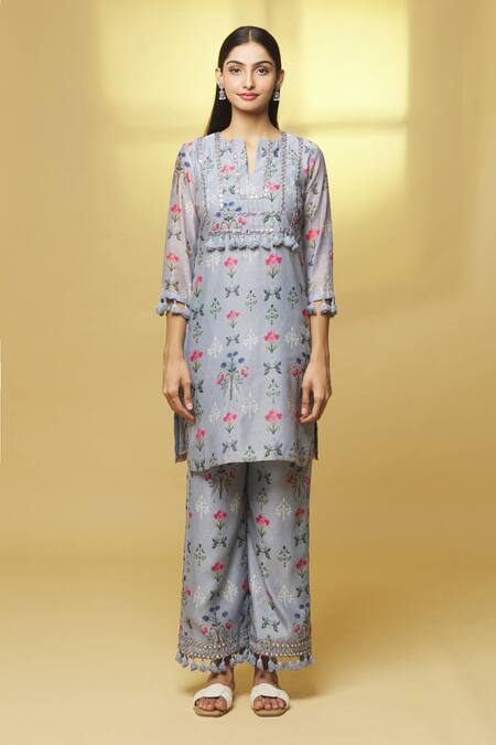 Kalakaari By Sagarika Grey Chanderi Tassels, Mirrors Split V-neck Flower Bloom Print Kurta With Pant Online at Aza Fashions Kalakaari By Sagarika_Grey Chanderi Tassels, Mirrors Split V-neck Flower Bloom Print Kurta With Pant _Online_at_Aza_Fashions